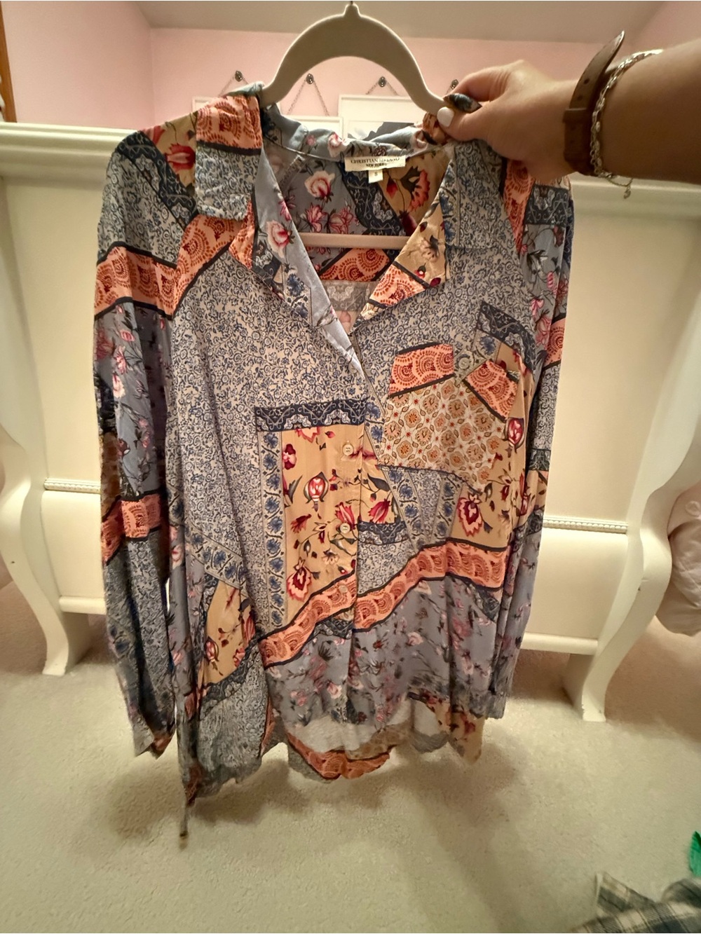 Christian Siriano Lavender and Peach Patchwork Button-Up Blouse